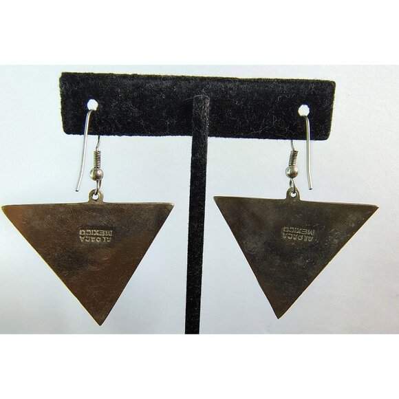 Vintage Alpaca Mexico Sterling Silver Abalone Triangle Dangle Earrings, 2" - Picture 3 of 3